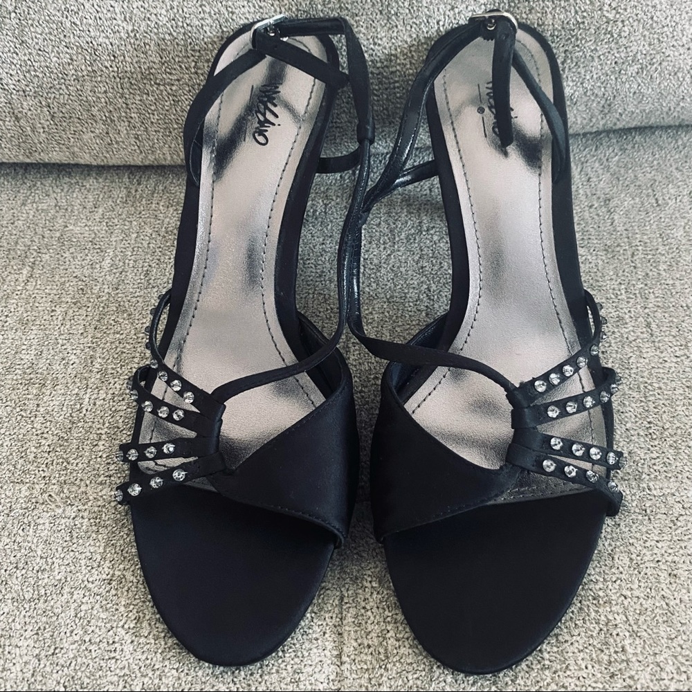 Black satin sandal heels